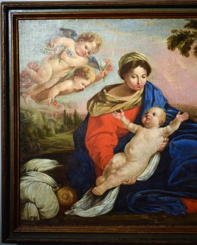 Tableaux et dessins Tableaux XVIIe siècle - La Sainte Famille, repos pendant la fuite en Égypte, École bolonaise début du XVIIe siècle